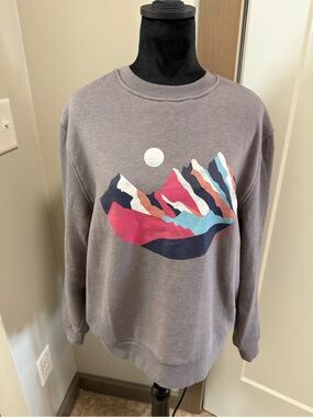 Mountain And Isles Grey Pullover Crewneck Sweatshirt Mountains Outdoor Sunset L